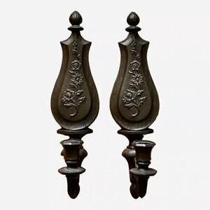 DART 14" Molded Plastic Candle Wall Sconces #4015 Wood Grain & Flowers 1960's